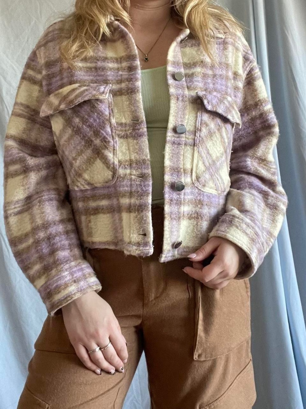 Zara Lavender & Cream Plaid Cropped Shacket - Picture 1 of 6